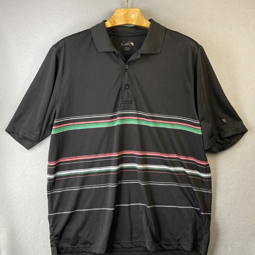 Arnold Palmer Polo Shirt Men's Large Black Striped Golf Polyester Pickleball Top